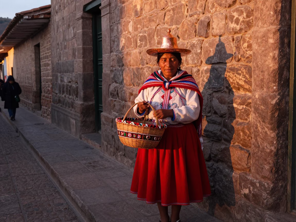 Vibrant Cusco Street Scene with Traditional Textiles and Copper Toned Dusk Light in in Cusco, Peru