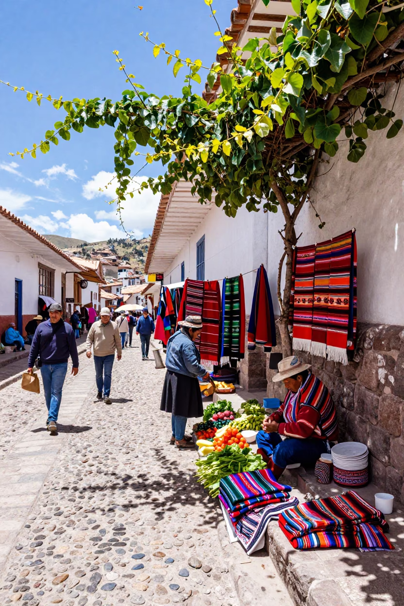 Vibrant Cusco Street Scene with Traditional Textiles and Vine Greenery in Bright Midmorning Light in in Cusco, Peru