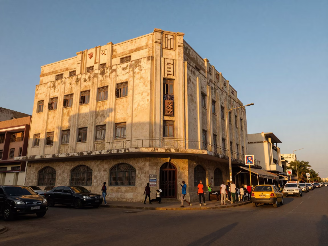 Vibrant Dakar Evening Street Scene with Art Deco Architecture and Local Life in in Dakar, Senegal