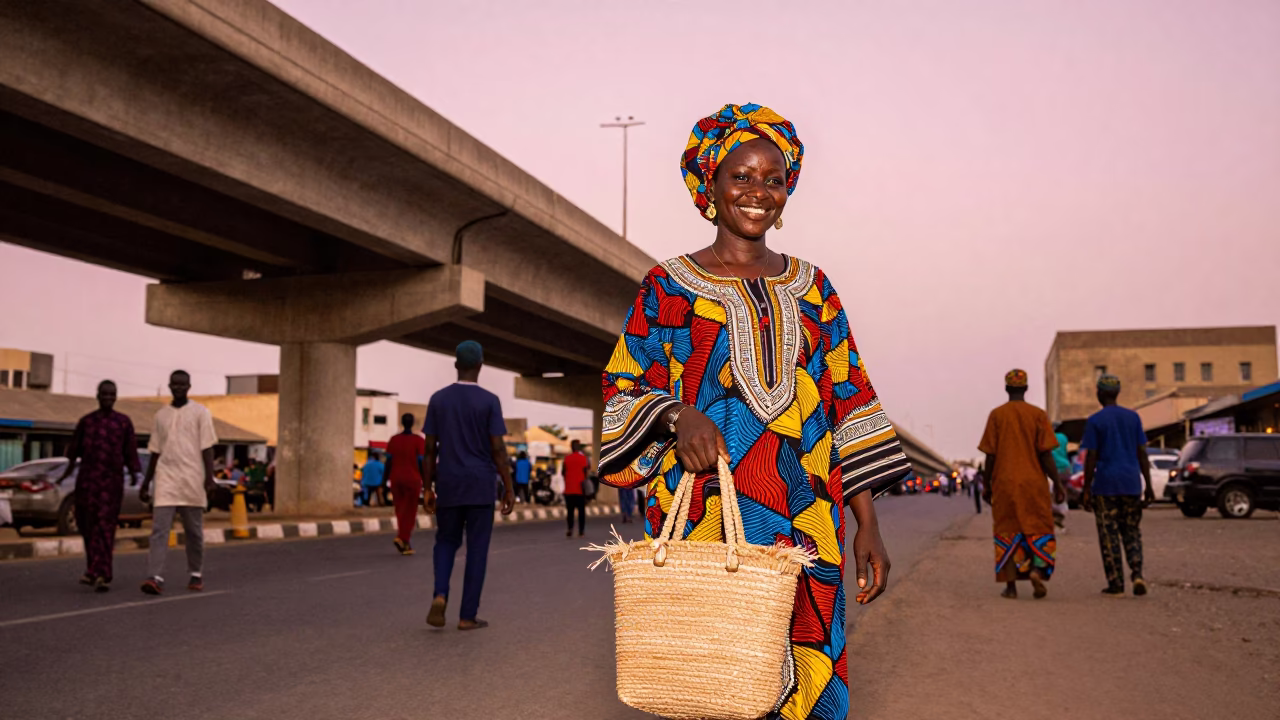 Vibrant Dakar Evening Street Scene with Colorful Senegalese Fashion and Urban Infrastructure in in Dakar, Senegal