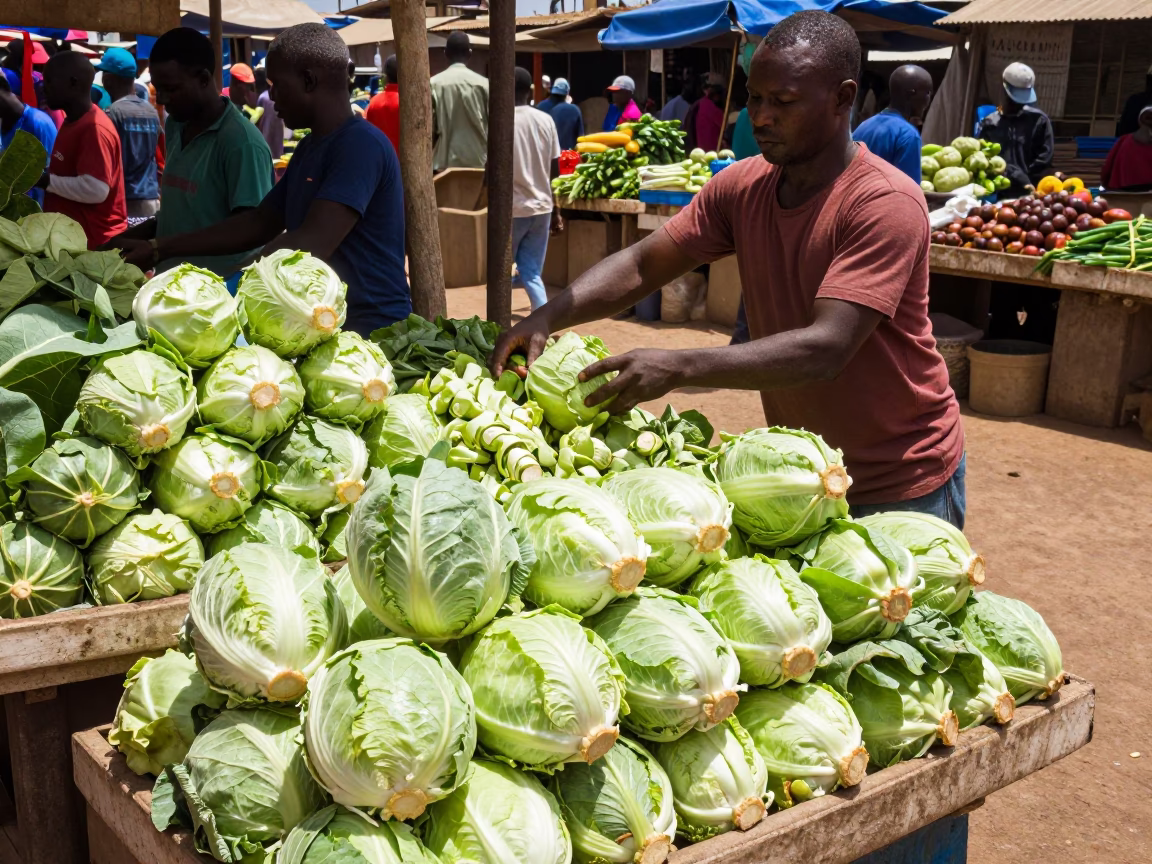 Vibrant Dakar Market Stall Displaying Fresh Cabbages Under Bright Midmorning Sunlight in in Dakar, Senegal