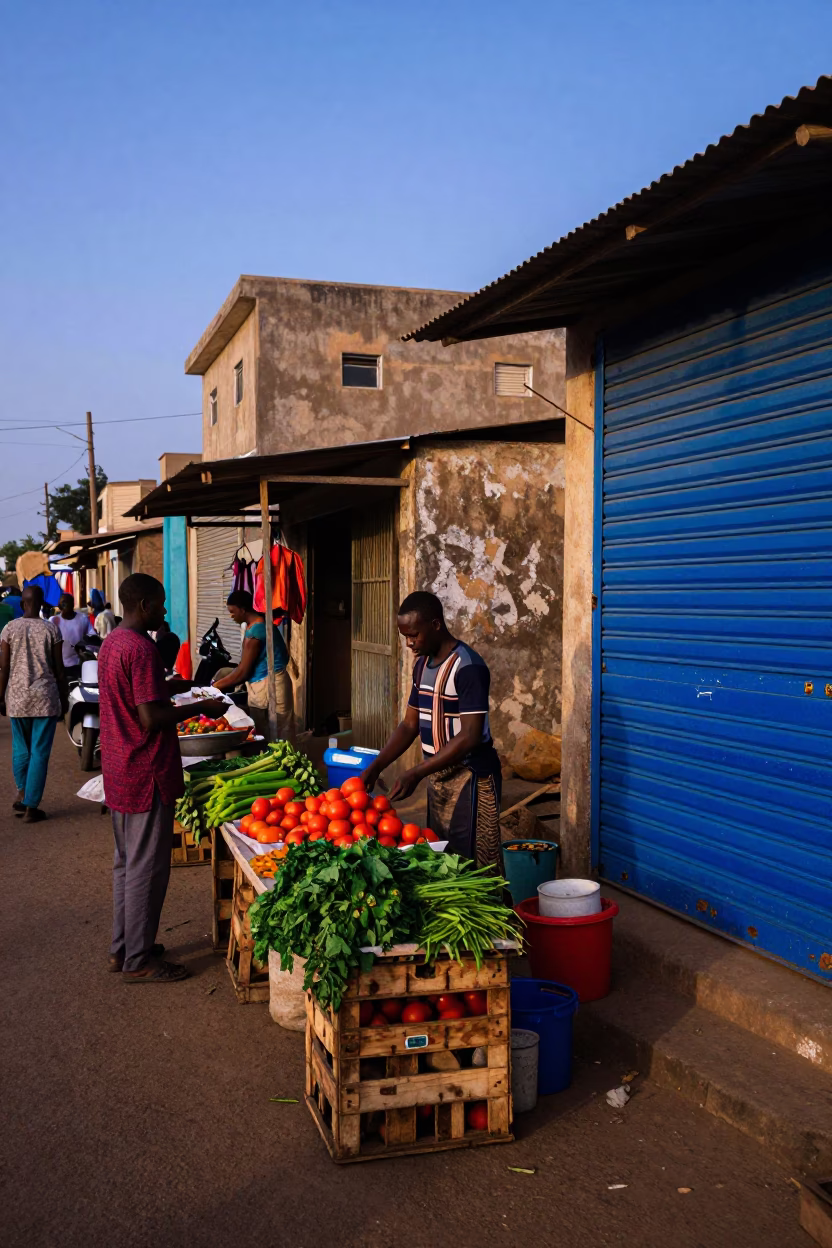 Vibrant Dakar Morning Street Scene with Colorful Vendor Stalls and Early Light in in Dakar, Senegal