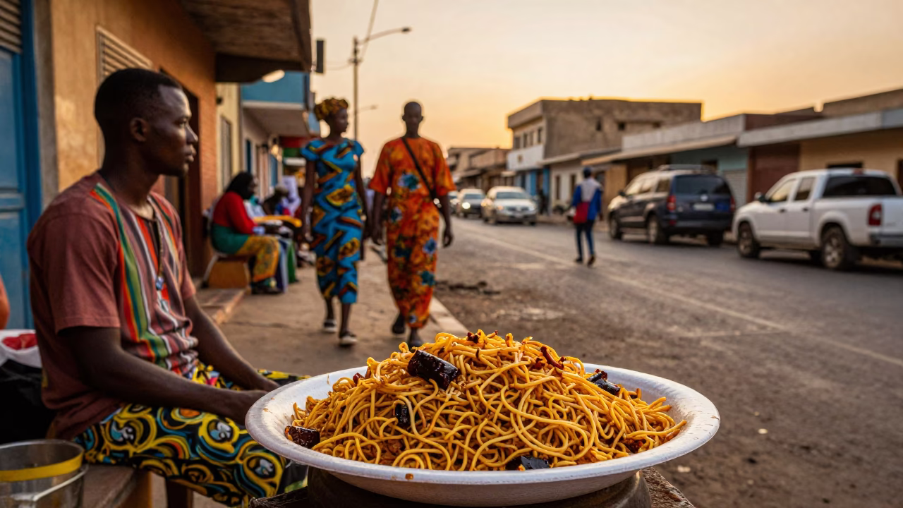 Vibrant Dakar Senegal Evening Street Scene with Koshari Plate and Colorful Life in in Dakar, Senegal