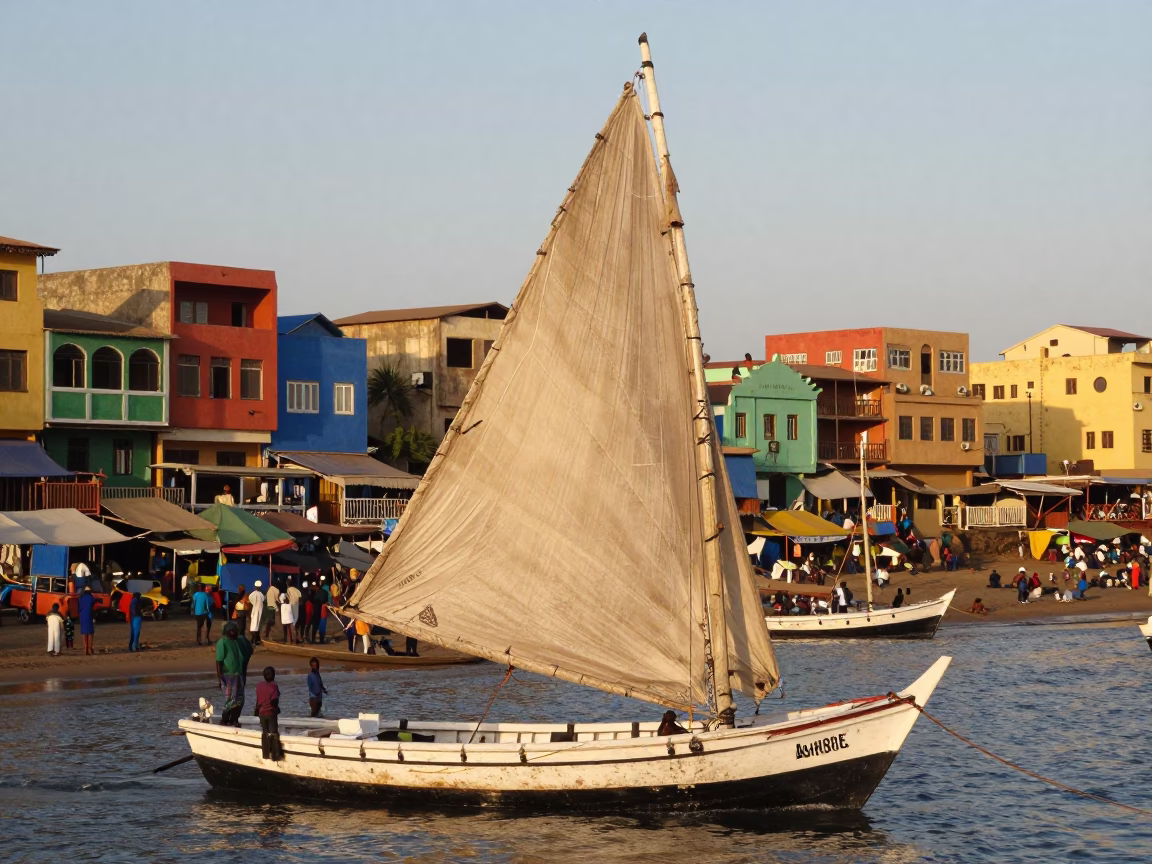 Vibrant Dakar Senegal Golden Hour Street Scene with Traditional Felucca and Busy Harbor Activity in in Dakar, Senegal