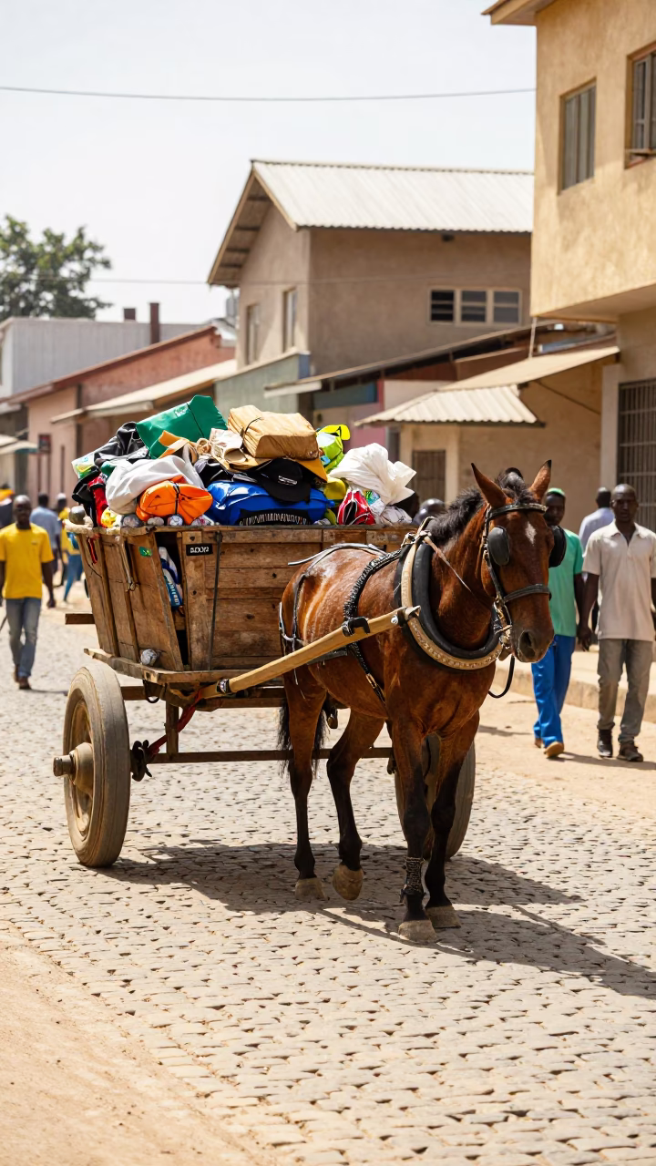 Vibrant Dakar Senegal Midmorning Street Scene with Horse Cart and Local Life in in Dakar, Senegal