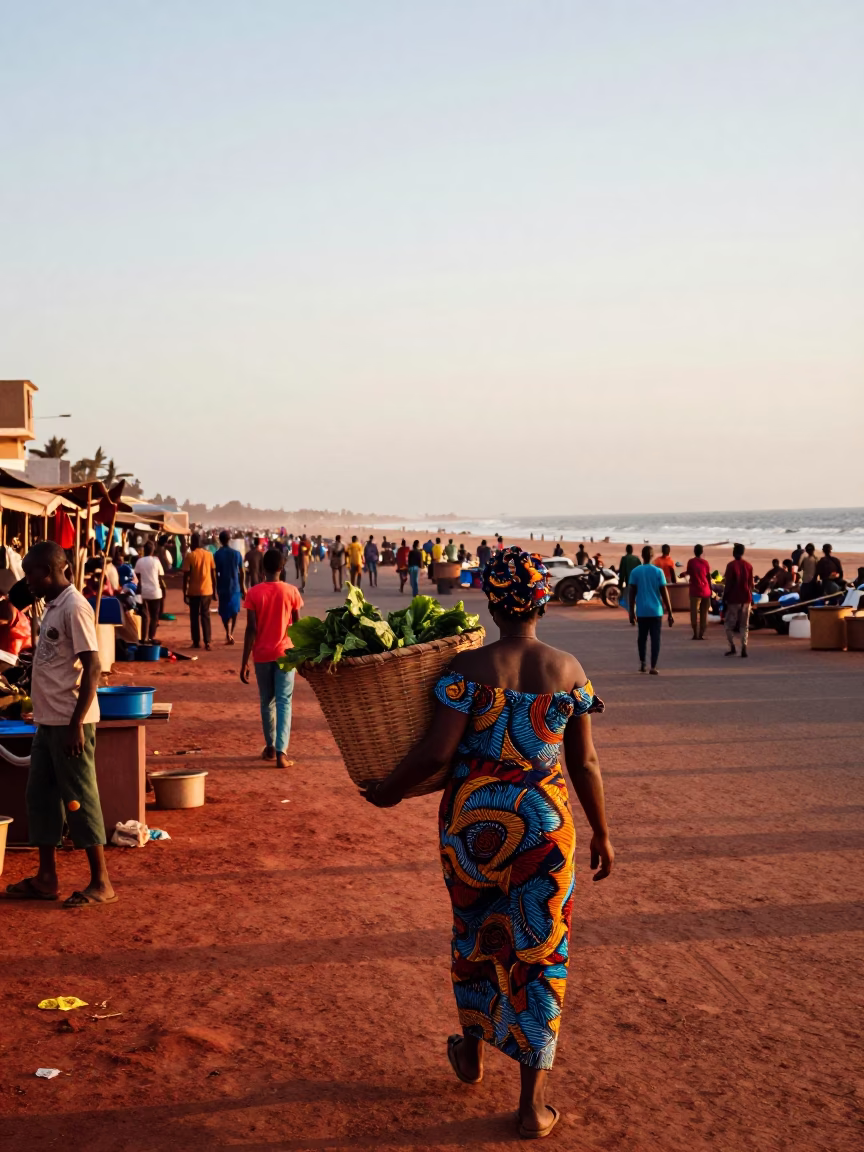 Vibrant Dakar Senegal Street Scene After Sunrise with Local Market Activity in in Dakar, Senegal