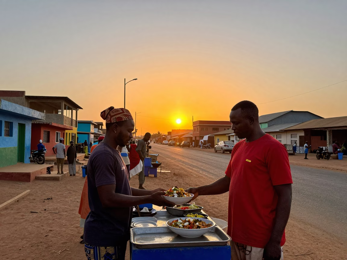Vibrant Dakar Senegal Street Scene at Sunset with Colorful Local Market Activity in in Dakar, Senegal