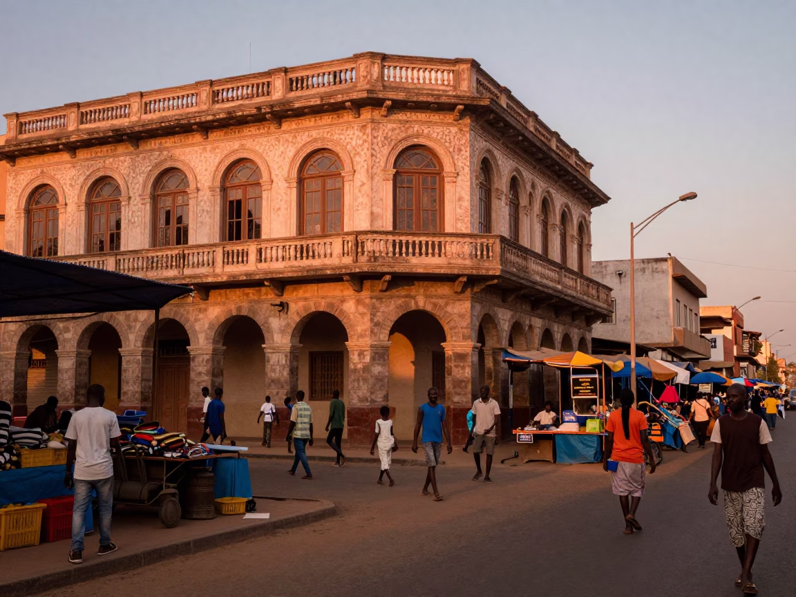 Vibrant Dakar Senegal Street Scene Before Dusk with Local Market Activity and Traditional Architecture in in Dakar, Senegal