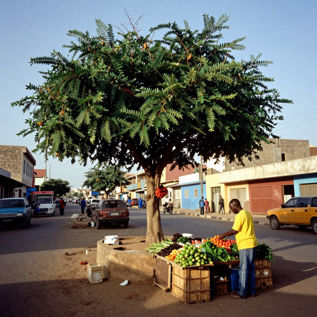 Vibrant Dakar Senegal Street Scene Late Morning with Tamarind Tree and Local Commerce in in Dakar, Senegal