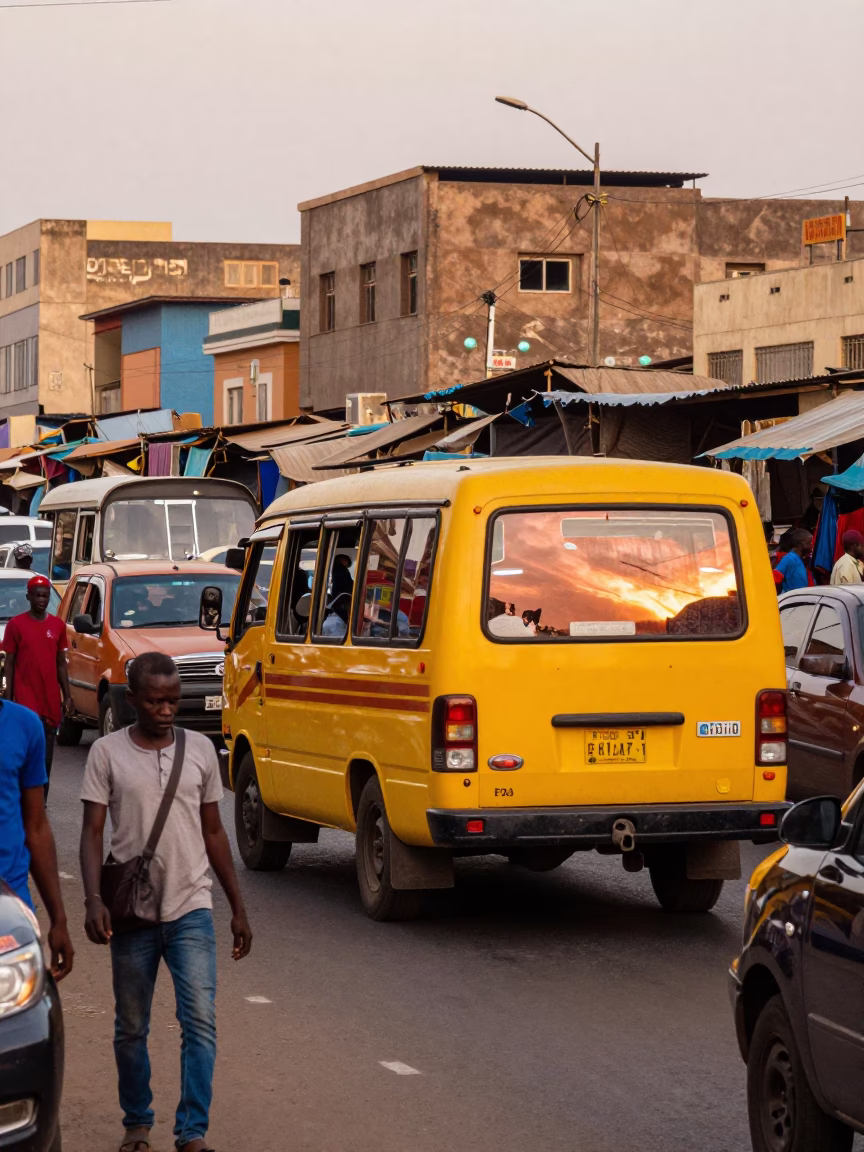 Vibrant Dakar Senegal Street Scene with Colorful Matatu Bus in Traffic Before Dusk in in Dakar, Senegal