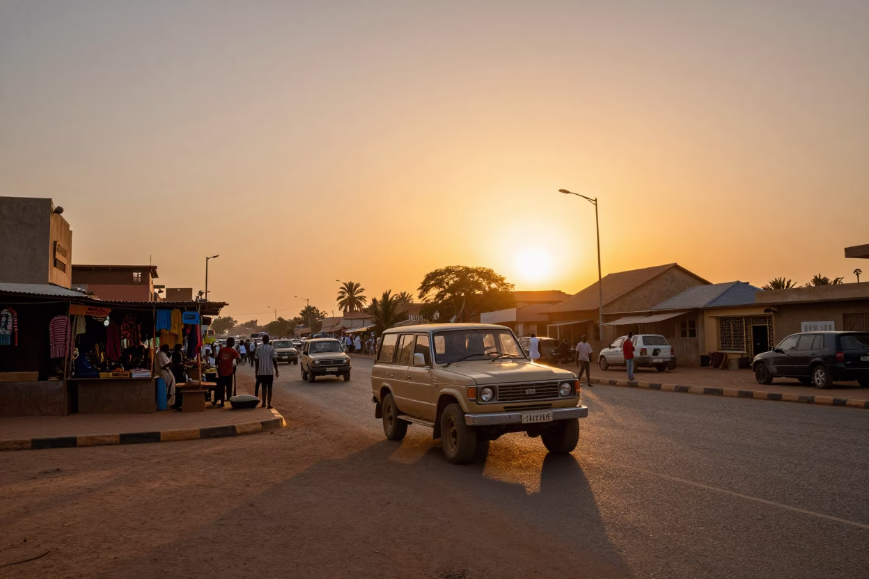 Vibrant Dakar Senegal Sunset Street Scene with Vintage SUV and Solar Panels in in Dakar, Senegal