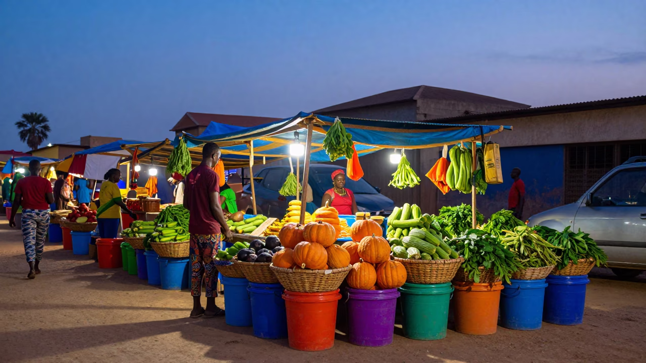 Vibrant Dakar Senegal Twilight Street Scene with Colorful Vendor Stall and Local Market Activity in in Dakar, Senegal
