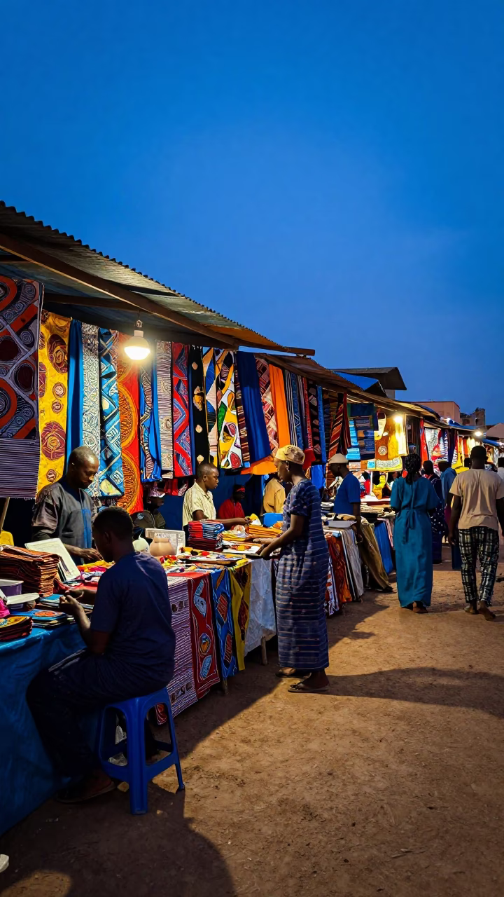 Vibrant Dakar street market scene at dusk with clay pots and local commerce in in Dakar, Senegal