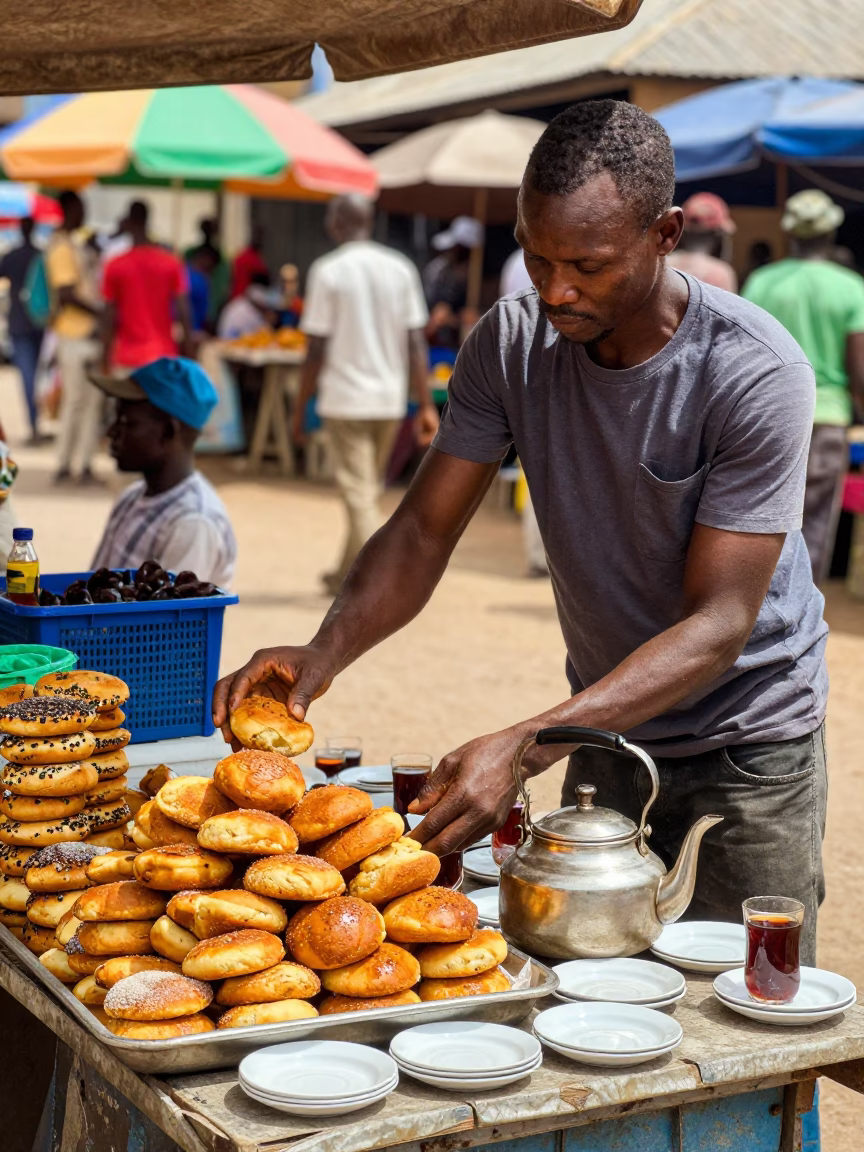 Vibrant Dakar Street Market Stall with Mandazi and Tea in Bright Midmorning Light in in Dakar, Senegal