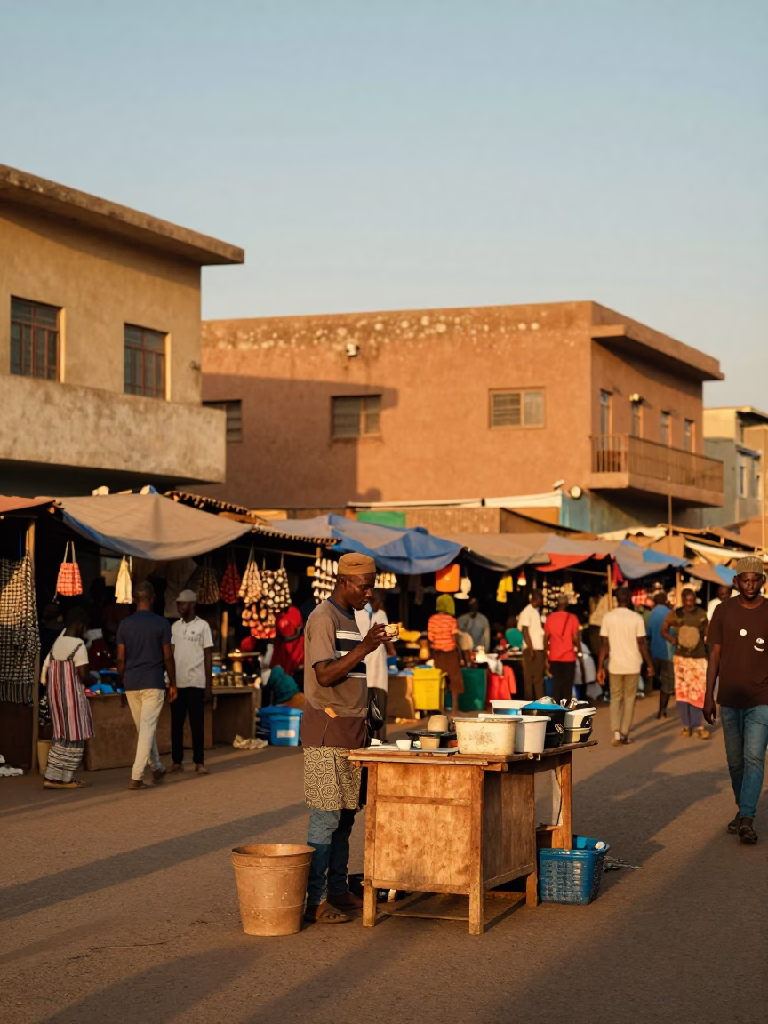 Vibrant Dakar Street Scene at Dusk with Local Market Activity and Traditional Architecture in in Dakar, Senegal