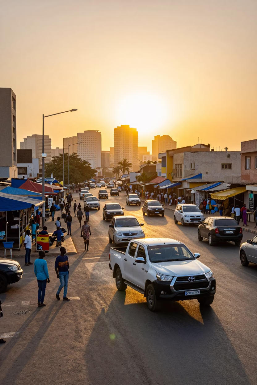 Vibrant Dakar street scene at golden hour with pedestrians and local commerce in in Dakar, Senegal