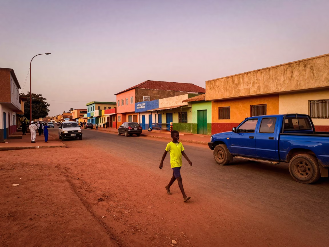Vibrant Dakar Street Scene in Copper Dusk Light with Local Market Activity in in Dakar, Senegal