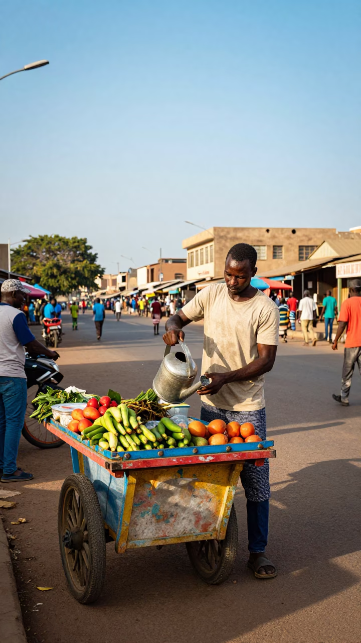 Vibrant Dakar Street Scene Late Morning with Watering Jug and Market Activity in in Dakar, Senegal