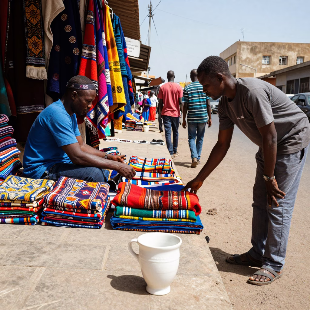 Vibrant Dakar Street Scene Midday with Ceramic Cup and Wool Scarves in in Dakar, Senegal