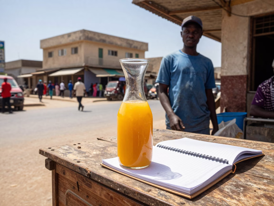 Vibrant Dakar Street Scene with Carafe and Notebook in Bright Midmorning Light in in Dakar, Senegal
