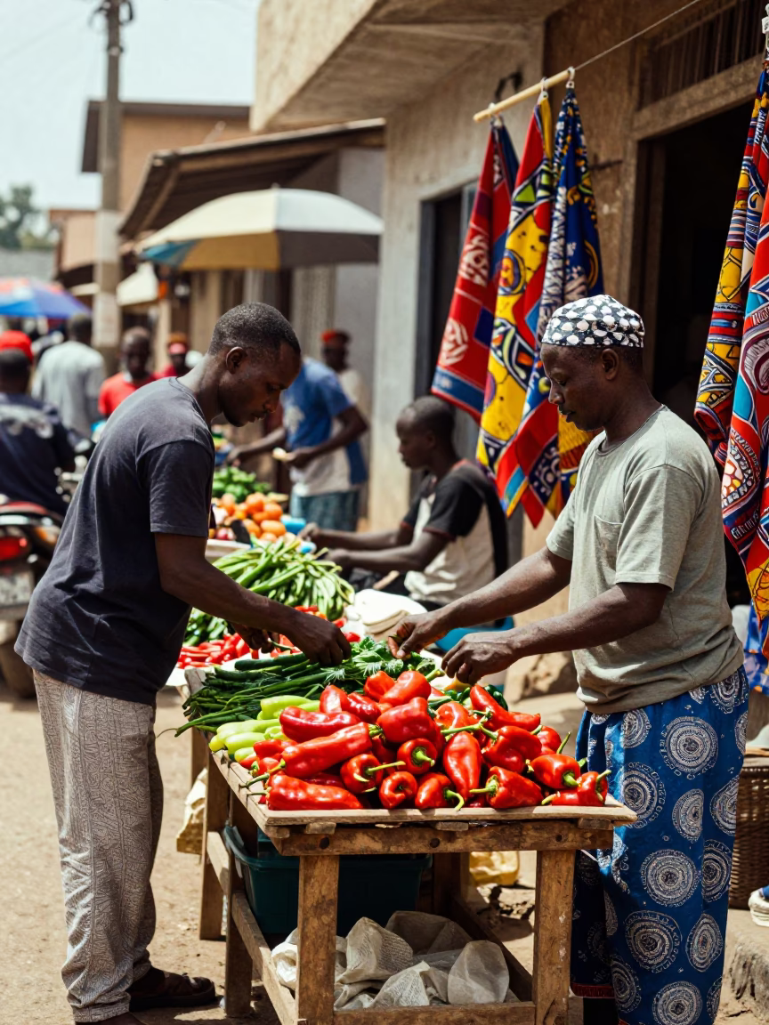 Vibrant Dakar street scene with colorful fabrics and daily life in in Dakar, Senegal