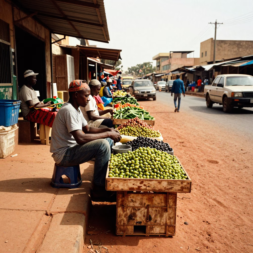 Vibrant Dakar Street Scene with Market Goods and Daily Life in Senegal in in Dakar, Senegal