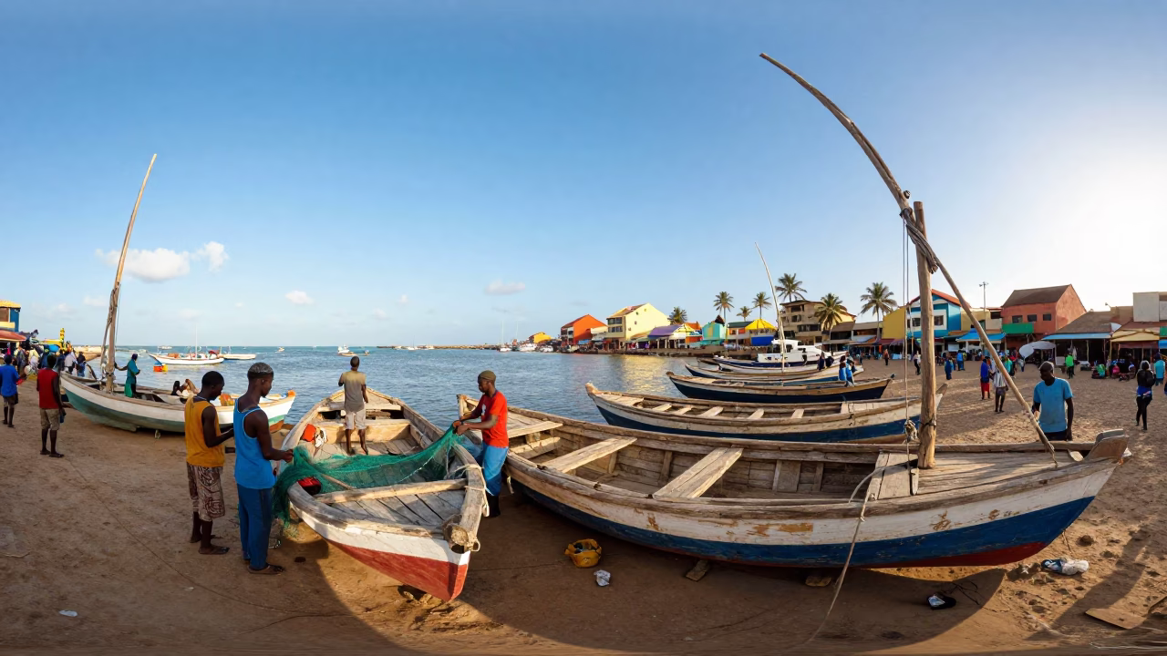 Vibrant Dakar Street Scene with Wooden Sailboats in Boatyard During Early Afternoon in in Dakar, Senegal