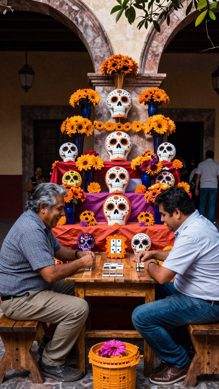 Vibrant Day of the Dead Altar Display in Merida Mexico Early Afternoon Street Scene in in Merida, Mexico