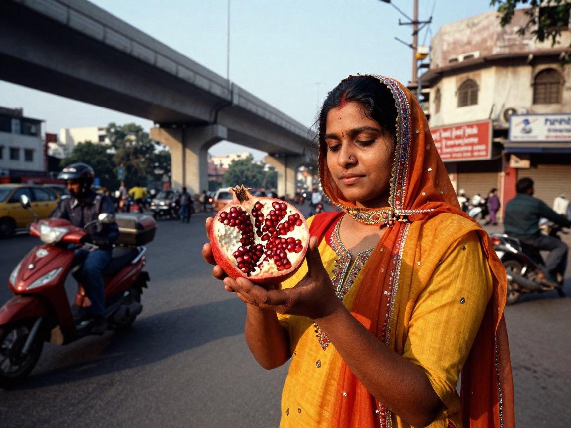 Vibrant Delhi Street Fashion Late Afternoon Pomegranate and Vintage Bicycle Scene in in Delhi, India