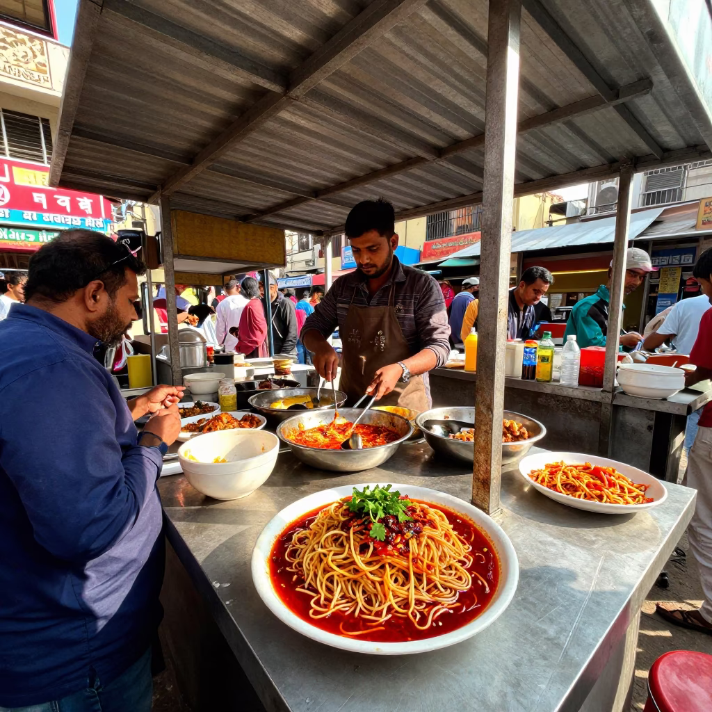 Vibrant Delhi Street Food Stall in Early Afternoon Sunlight with Local Vendor and Diners in in Delhi, India