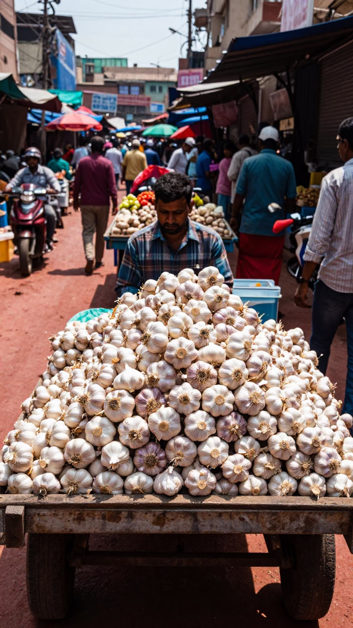 Vibrant Delhi Street Market Midday Scene with Fresh Garlic and Local Commerce in in Delhi, India