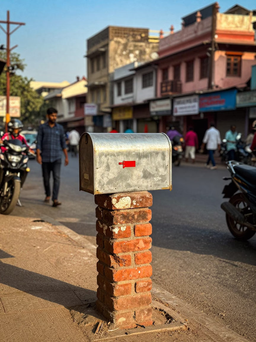 Vibrant Delhi Street Scene in Late Afternoon Light with Grapes and Mailbox in in Delhi, India