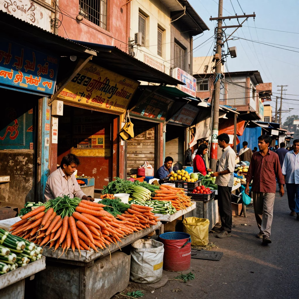 Vibrant Delhi Street Scene Late Afternoon with Colorful Shop Displays and Local Life in in Delhi, India