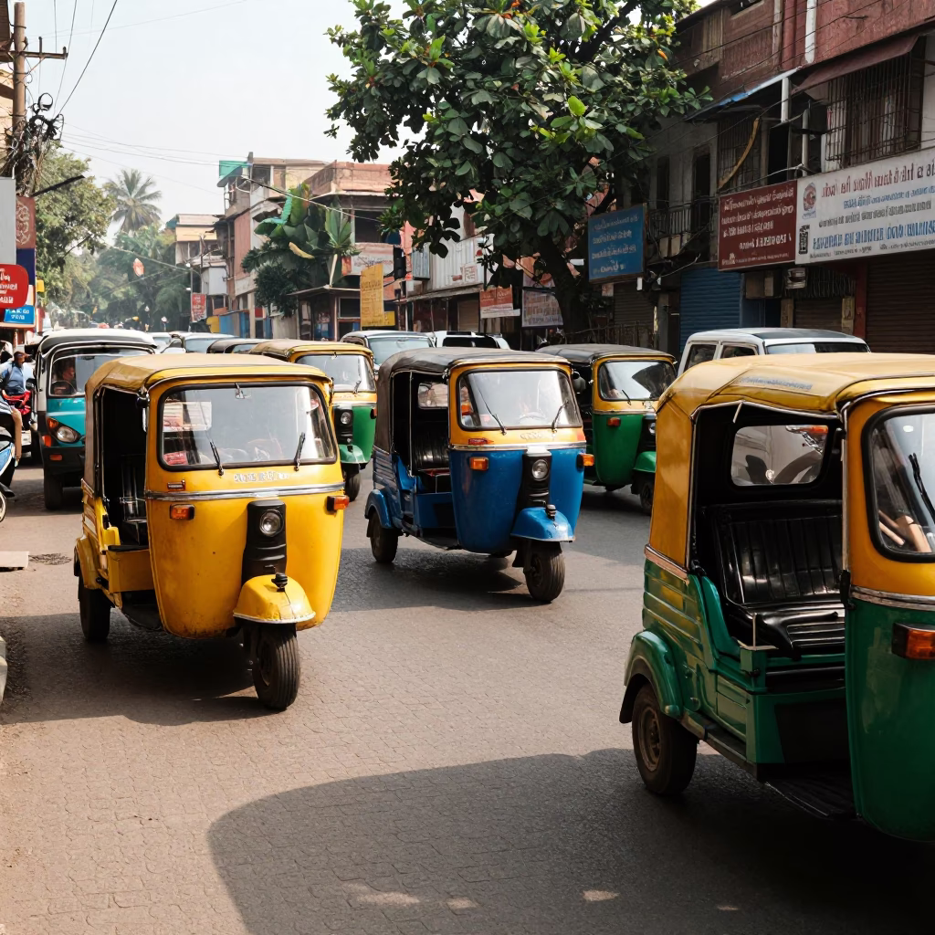 Vibrant Delhi Street Scene with Colorful Auto Rickshaws and Traditional Architecture in in Delhi, India