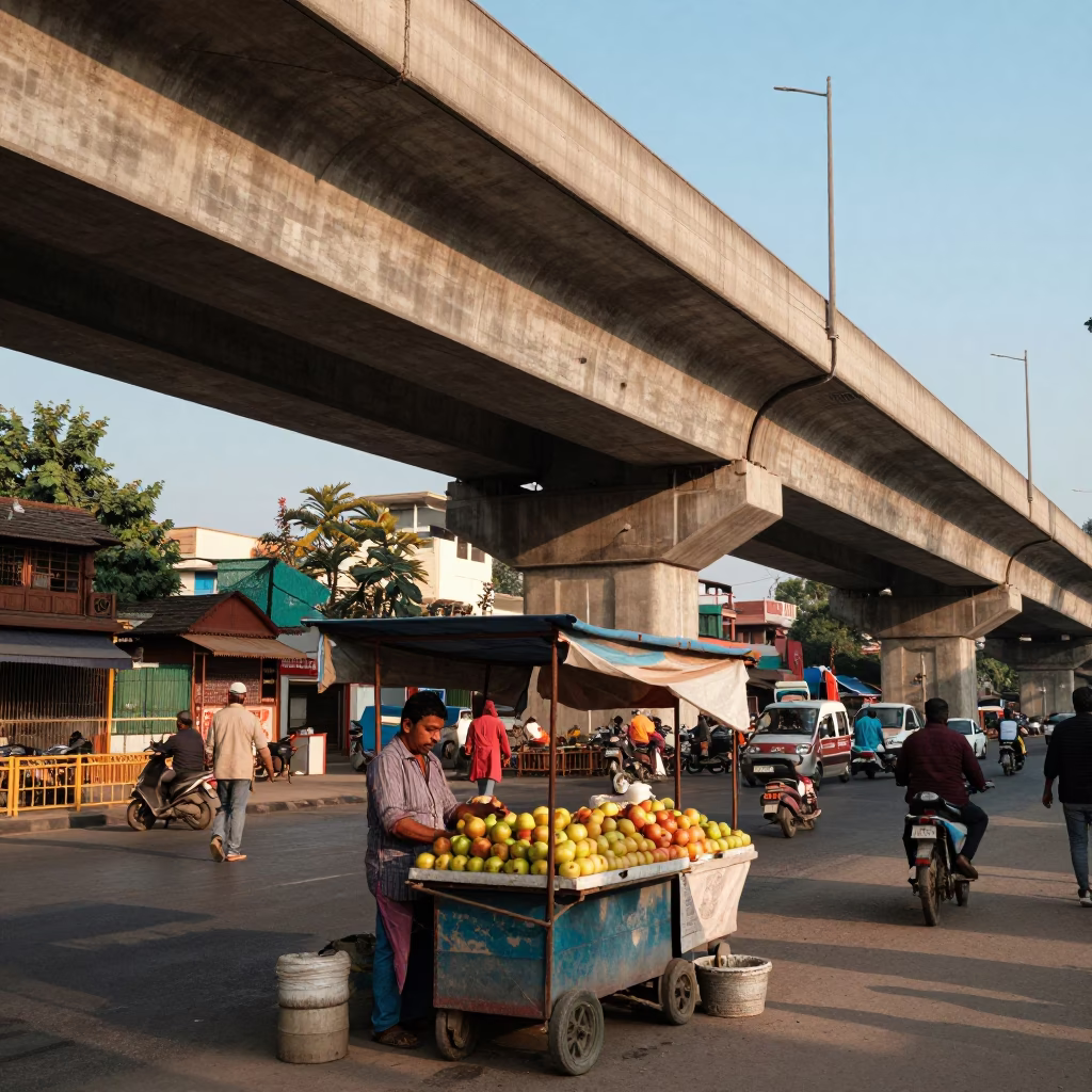 Vibrant Delhi Street Scene with Overpass and Traditional Elements in in Delhi, India