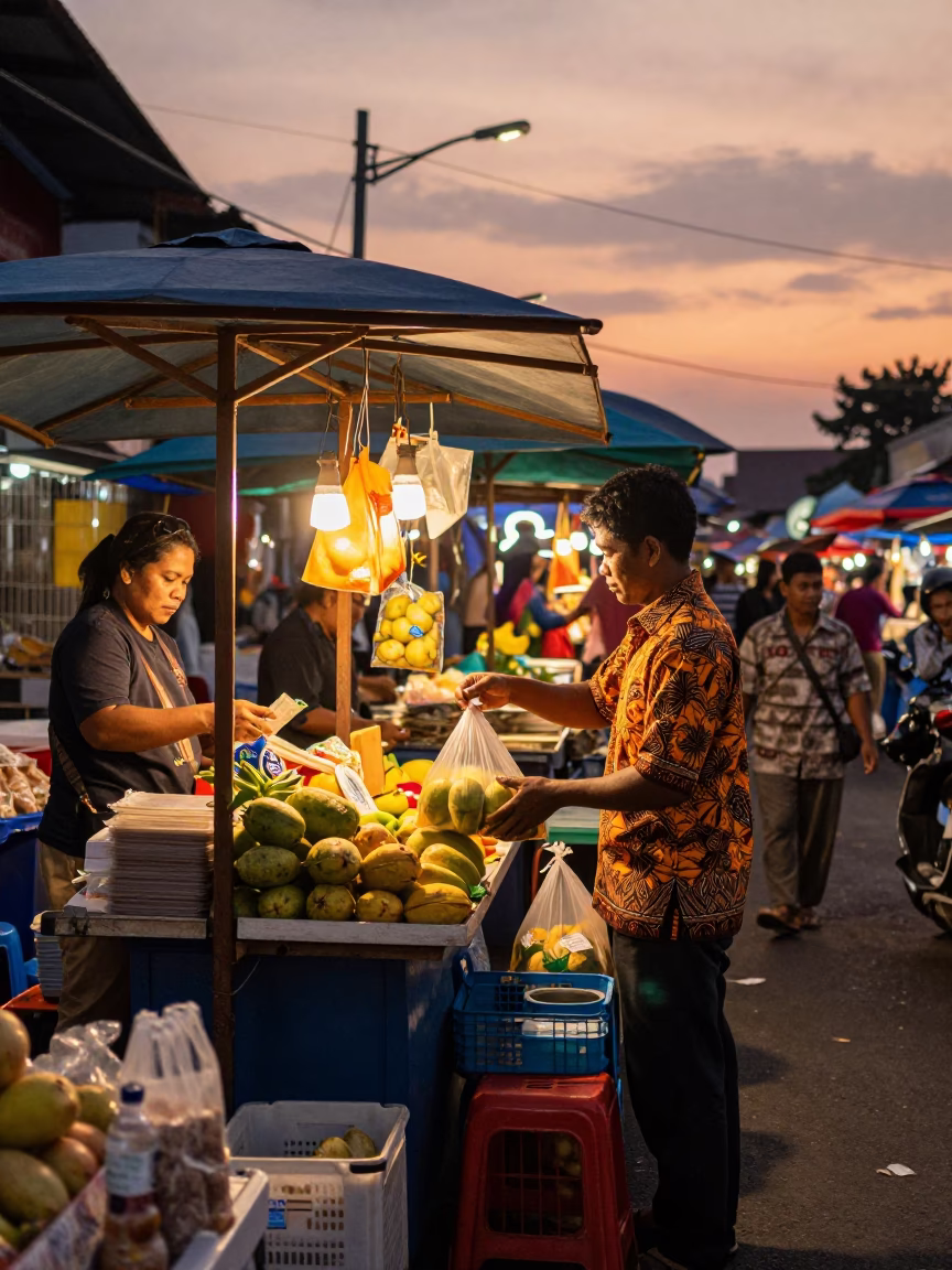 Vibrant Denpasar Street Market Scene Under Copper Dusk Light with Overpass Skyline in in Denpasar, Indonesia