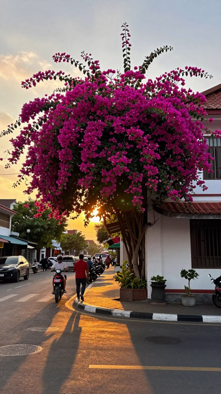Vibrant Denpasar Street Scene at Sunset with Bougainvillea and Local Market Activity in in Denpasar, Indonesia