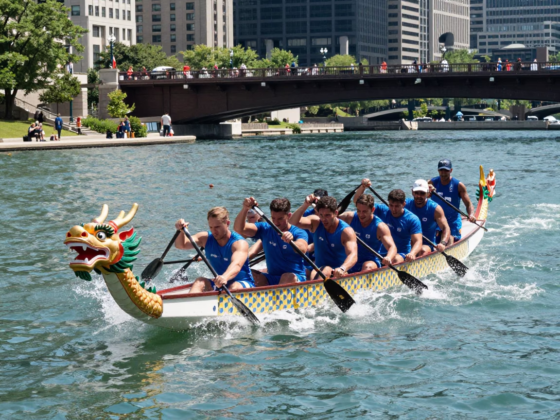 Vibrant Dragon Boat Team Racing on Chicago River in Bright Midmorning Light in in Chicago, Illinois, United States