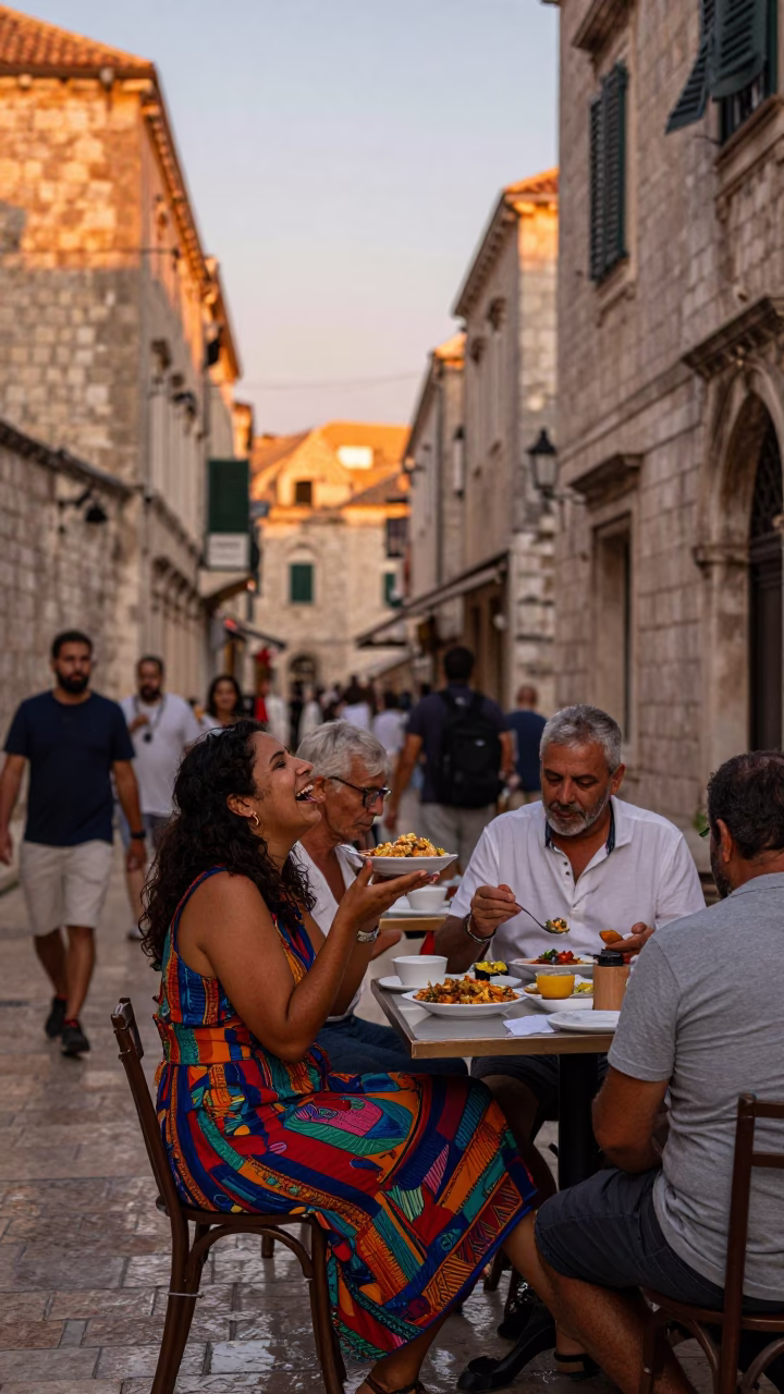 Vibrant Dubrovnik street scene with locals sharing food in warm dusk light in in Dubrovnik, Croatia