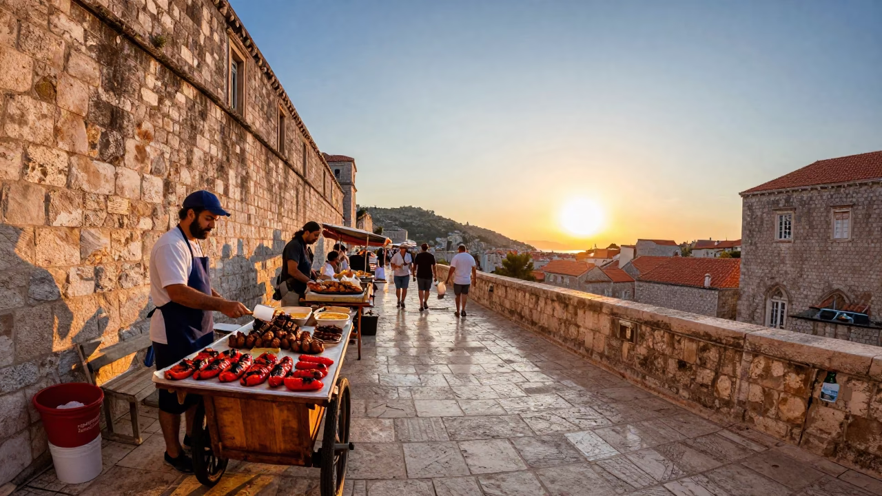 Vibrant Dubrovnik Street Scene with Traditional Kofte and Grilled Peppers at Sunset in in Dubrovnik, Croatia