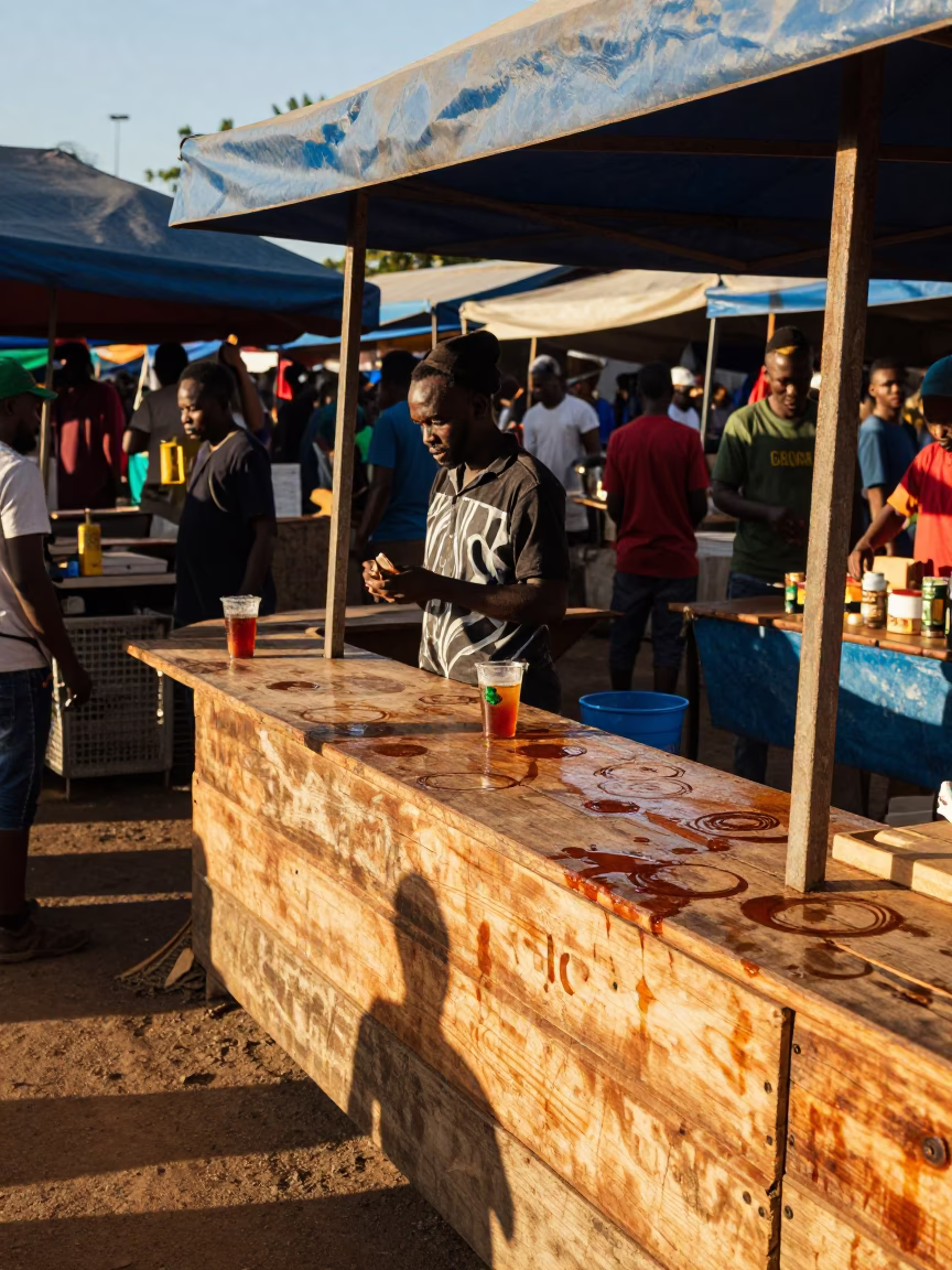 Vibrant Durban Street Market Stall with Water Rings and Tea Stains in Early Afternoon in in Durban, South Africa