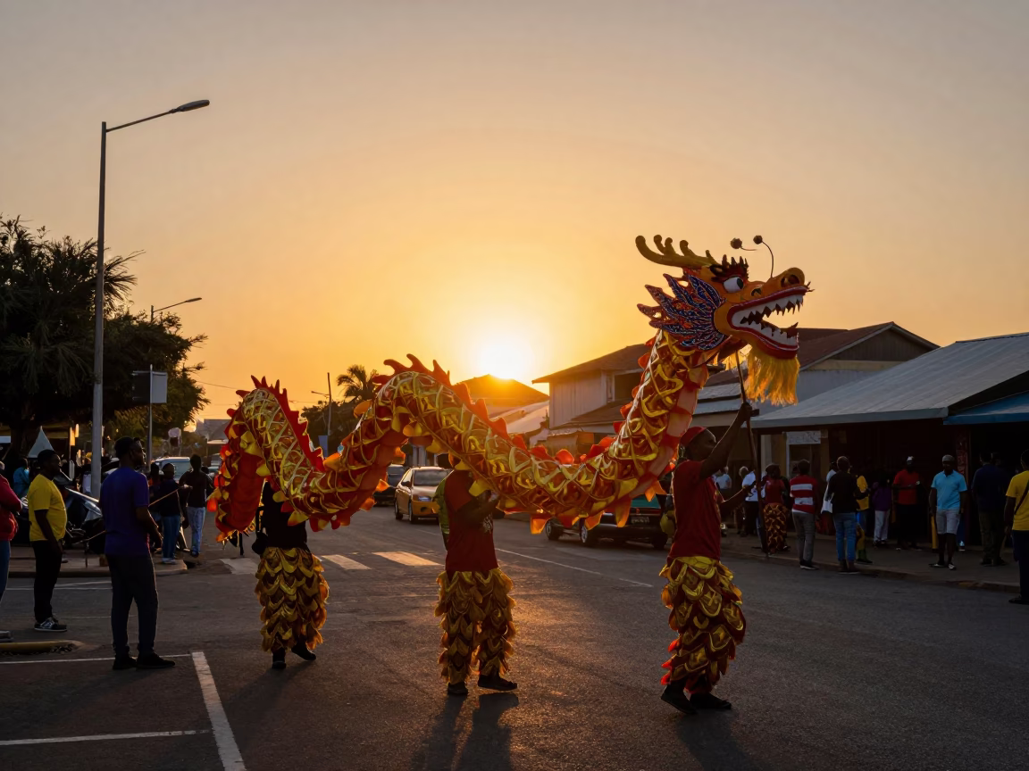 Vibrant Durban Street Scene at Sunset with Dragon Dance Festival and Substation Fence in in Durban, South Africa