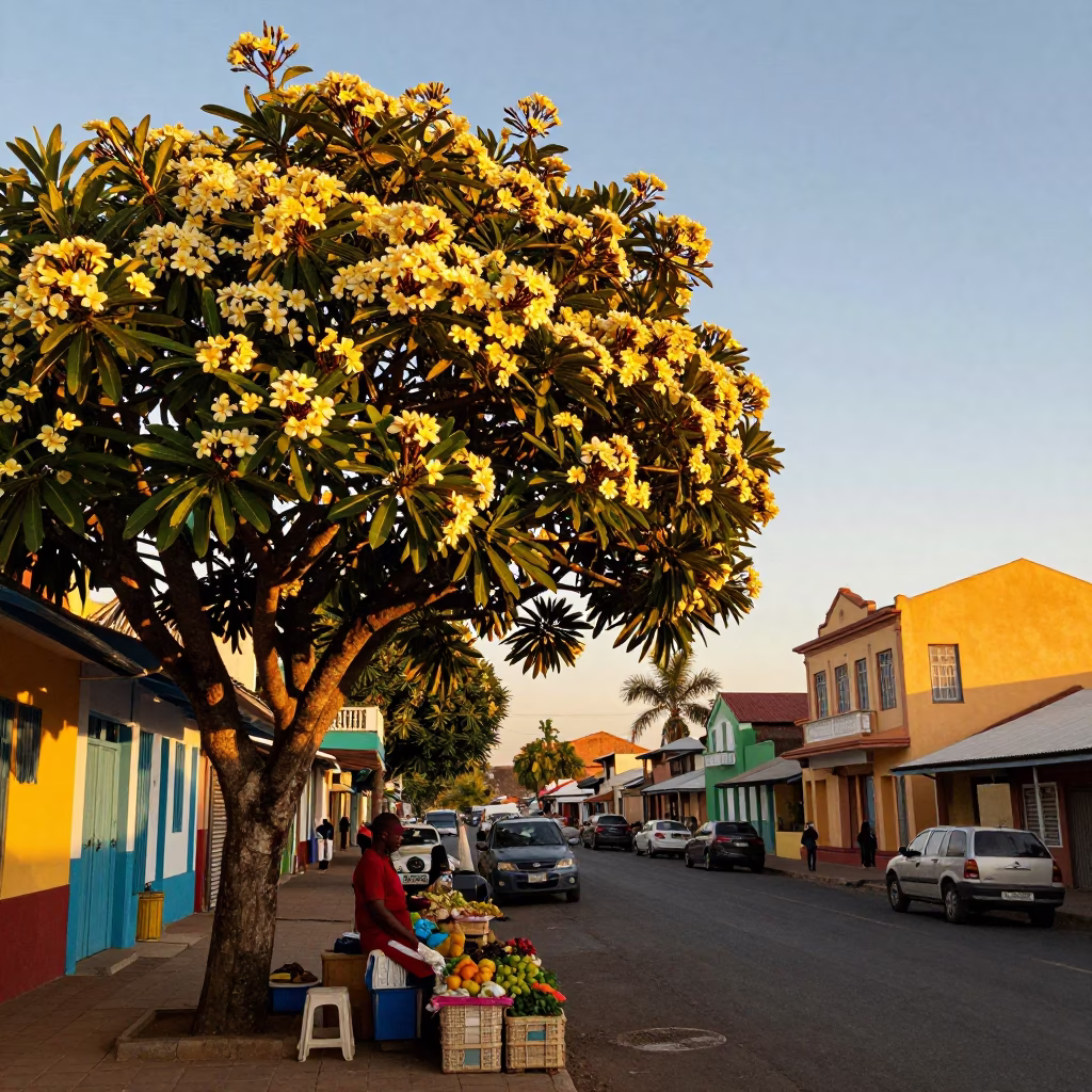 Vibrant Durban Street Sunset Scene with Frangipani Tree and Local Market Activity in in Durban, South Africa