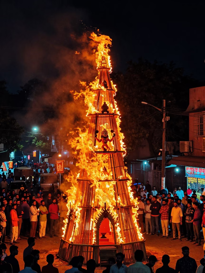 Vibrant Dussehra Ravana Effigy Burning Amidst Nighttime Delhi Street Celebration in in Delhi, India
