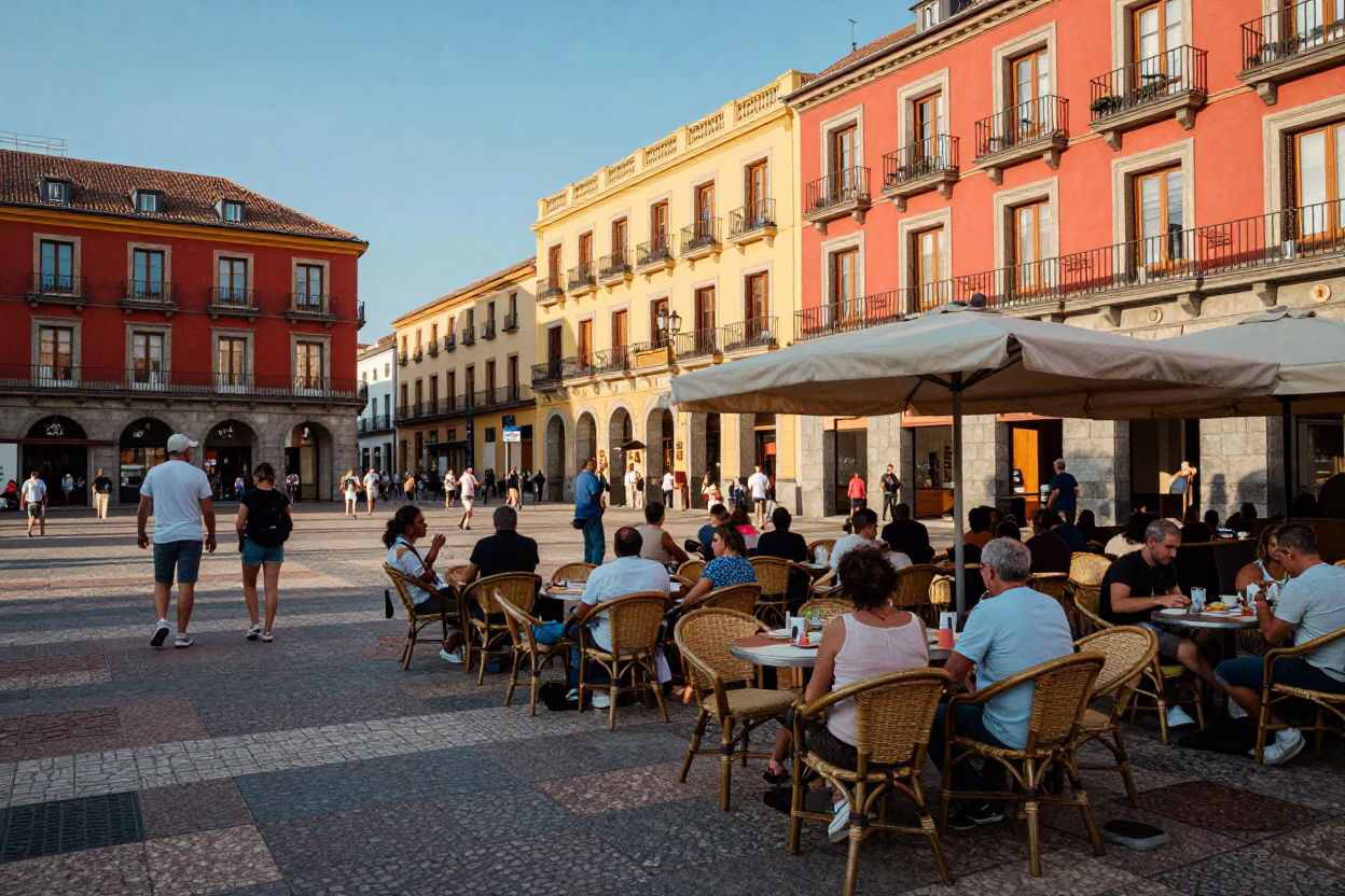 Vibrant Early Afternoon Street Scene in Madrid Spain with Colorful Architecture and Casual Diners in in Madrid, Spain