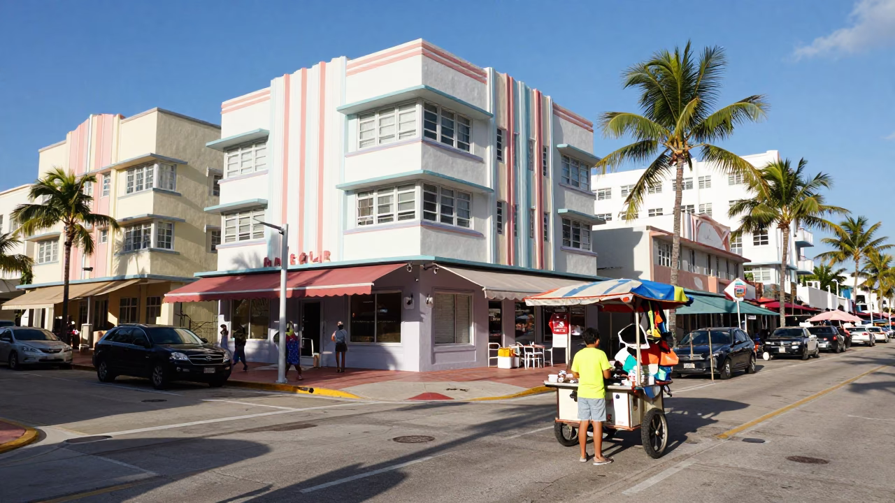 Vibrant Early Afternoon Street Scene in Miami Florida with Colorful Details in in Miami, Florida, United States