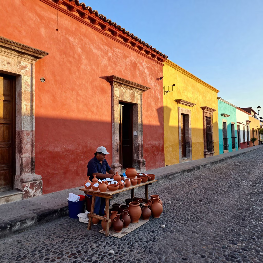 Vibrant Early Afternoon Street Scene in Oaxaca Mexico with Local Vendor and Traditional Pottery in in Oaxaca, Mexico
