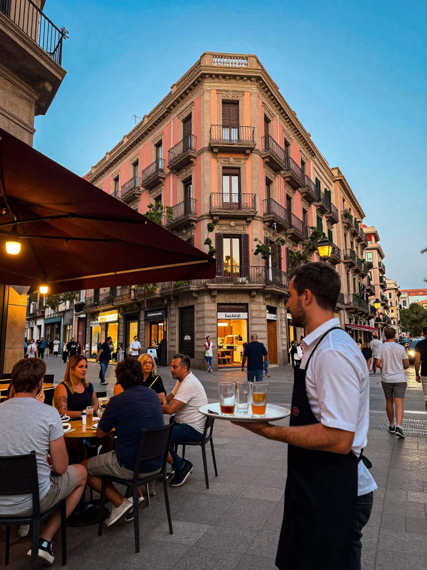 Vibrant Early Evening Street Scene in Barcelona Spain with Colorful Details in in Barcelona, Spain
