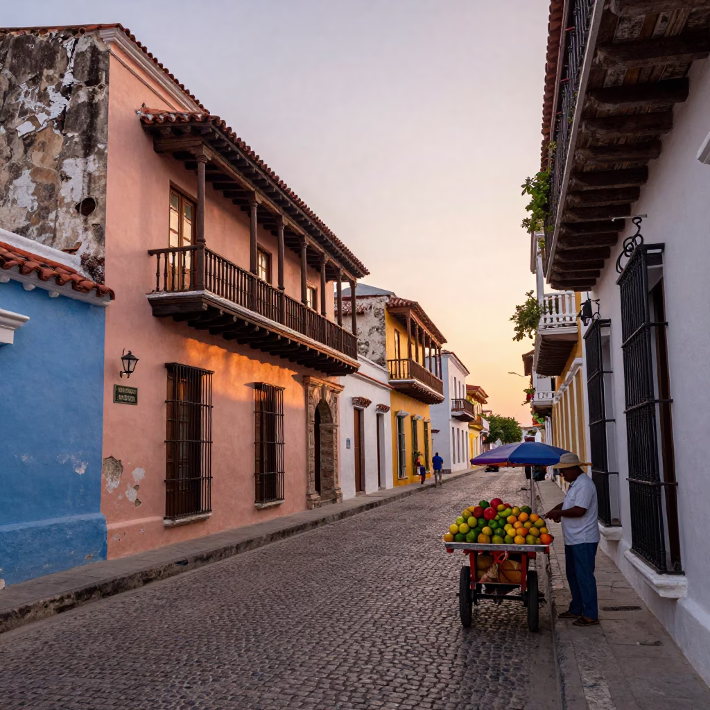 Vibrant Early Evening Street Scene in Colonial Cartagena Colombia with Local Life and Architecture in in Cartagena, Colombia