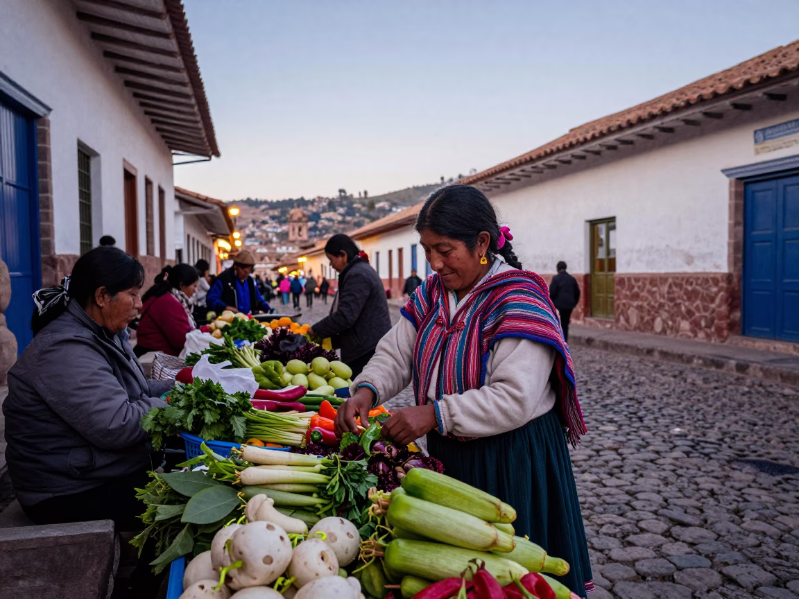 Vibrant Early Evening Street Scene in Cusco Peru with Local Market Activity in in Cusco, Peru